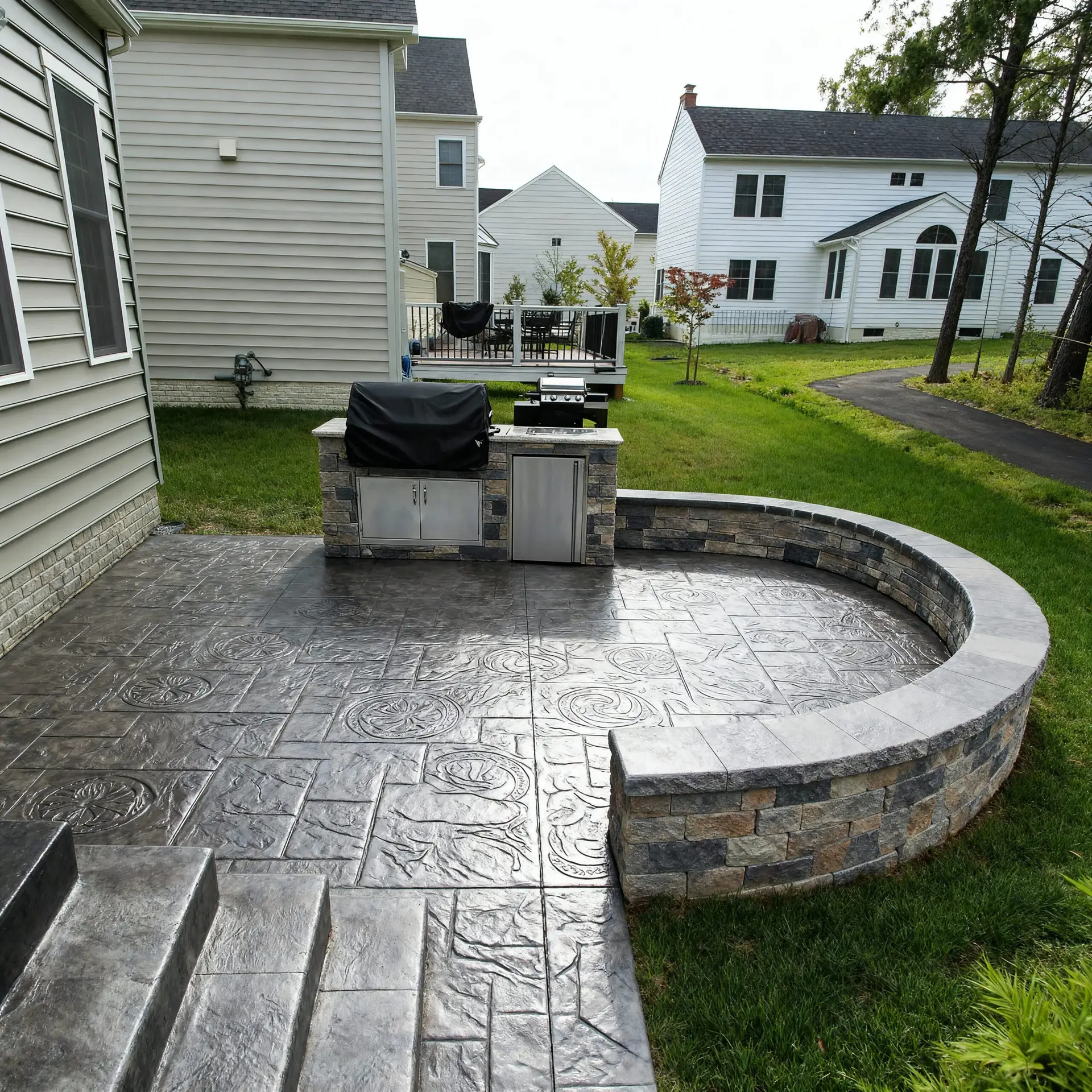 Comprehensive landscaping services featuring 3D site grading, precision drip irrigation with weather-sync technology, and a permeable paver driveway for high-efficiency drainage.